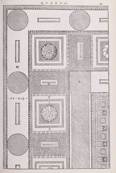 1570年に最初に出版された、Palladioによって書かれた「I Quattro Libri dell&39;Architettura」のファクシミリコピーからの図解、テンピオディマルテヴェンディカトーレの天井の計画 作： Andrea Palladio